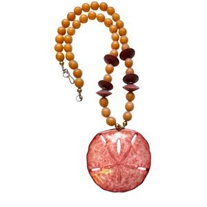 Boho Sand Dollar Pendant Necklace Brown Beaded Sea Shell Statement Jewelry
